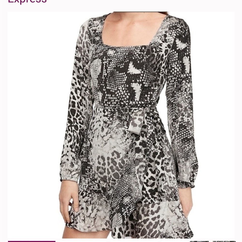 Express Black and Gray snake animal Patterned mini Dress side tie square neck L